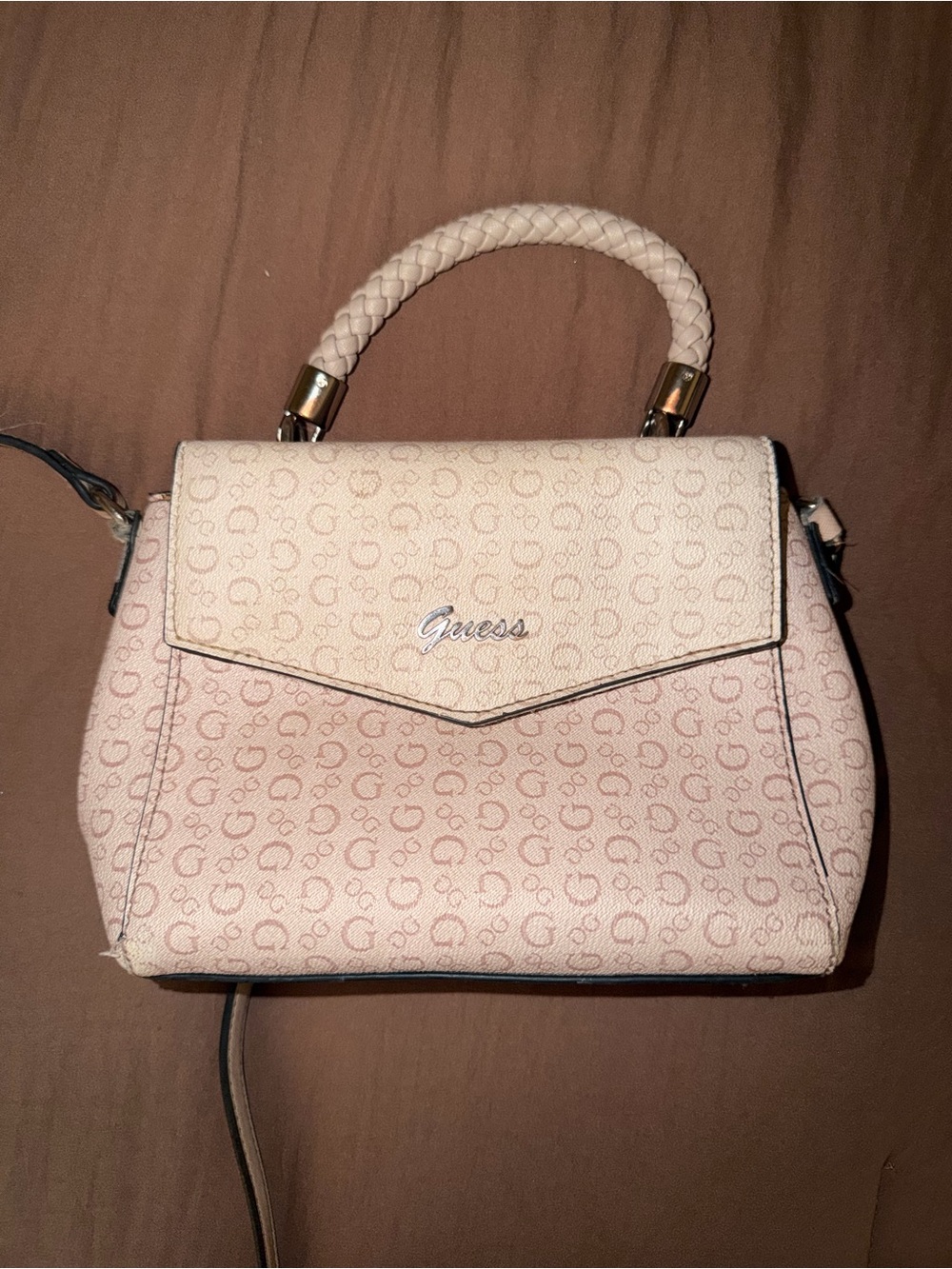 Guess Pink Quilted Top-Handle Satchel with Monogram